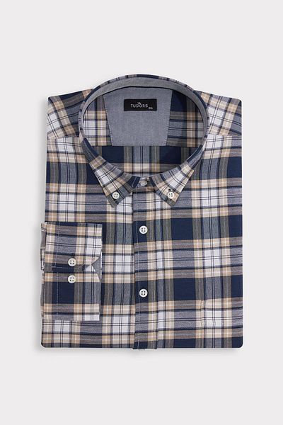 Tudors Men's Big Size Large Size Buttoned Collar Small Checkered Cotton Shirt