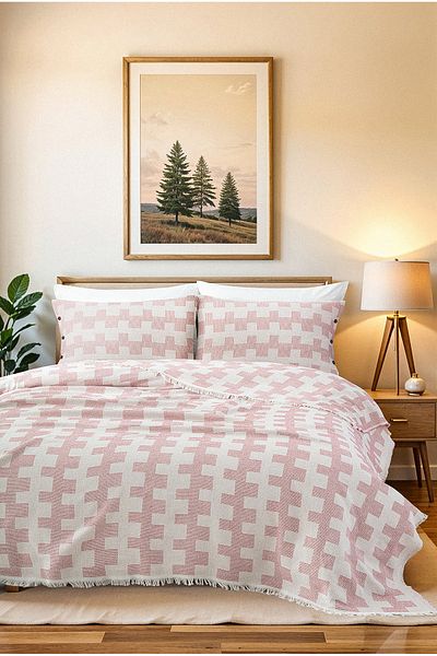 Tabu Home Pink-Ecru Geometric Pique Bedspread