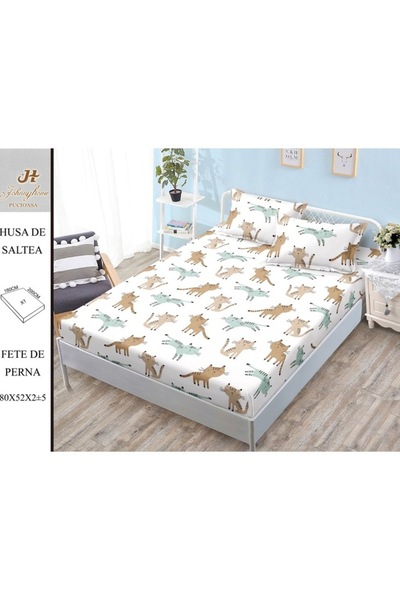 OEM Husa de Pat, cu Elastic, 3 Piese, Bumbac Satinat, 180x200cm, Imprimeu Pisicute, Multicolor