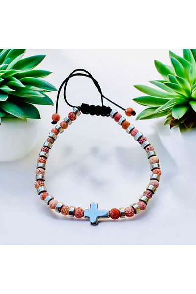 Rachel Silver Agate Natural Stone Hematite Stone Adjustable Elevator Drawstring Cross Bracelet