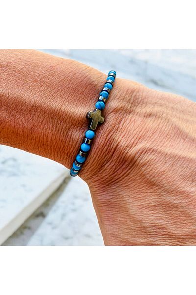 Rachel Silver Natural Stone Hematite Stone Adjustable Elevator Drawstring Cross Bracelet