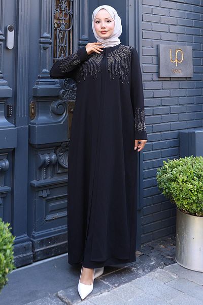 hafsamina Μαύρο φόρεμα με χάντρες και πέτρες Plus Size Mother HM2769
