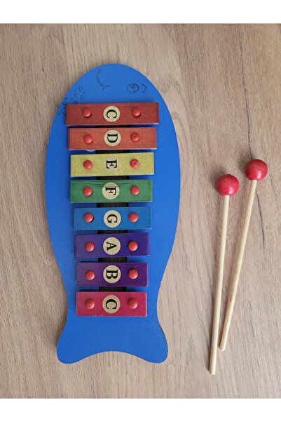 m montefair Renkli Balık Ahşap Çocuk Metalafon / Ksilofon - Eğitici Müzik Oyuncağı (27x12 cm)