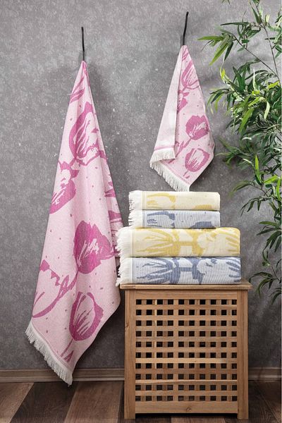 Sevim 100% Cotton Fringed Jacquard Tulip Patterned Peshtemal and Peskir Set-Fuchsia