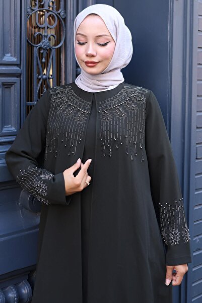 hafsamina Μεγάλο μέγεθος Mother's Dress με χάντρες και πέτρες Χακί HM2769