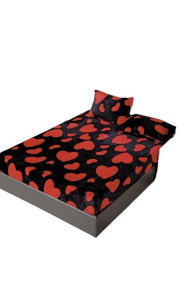 OEM Bed Sheet and 2 Pillowcases Set, Cocolino, 2 Persons, 3 Pieces, Heart Print, 180x200cm, Black-Red