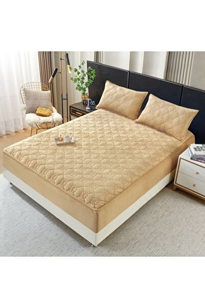OEM Bed Cover with 2 Pillowcases, Quilted Velvet, 140x200cm, Cream