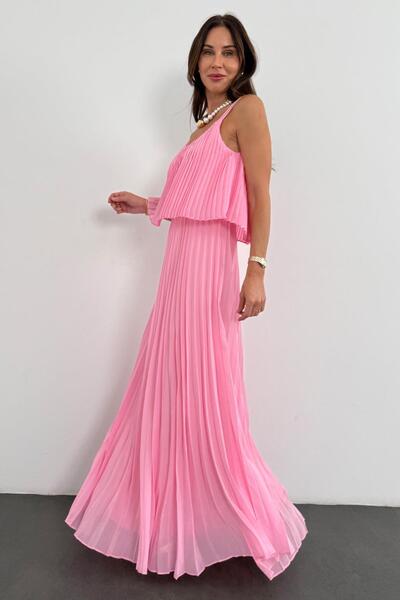 5in1Canpolat Pembe Piliseli Şifon Elbise 00778