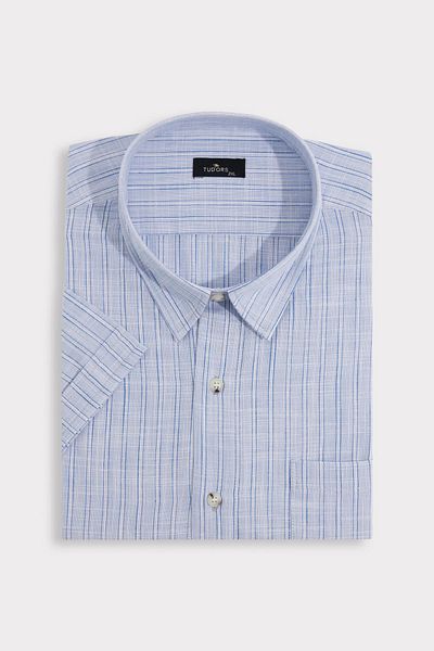 Tudors Men's Big Size Large Size 100% Cotton Lapel Buttoned Linen Texture Single Pocket Striped Short Sleeve Navy Blue