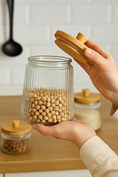 morponi 3'lü Bambu Kapaklı Yivli Kavanoz Seti 1300 Ml