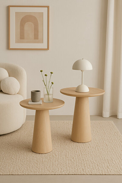 Trihome Doğal Ihlamur Ağacı 2’li Mantar Sehpa Seti Masif Yan Sehpa Ev Dekor