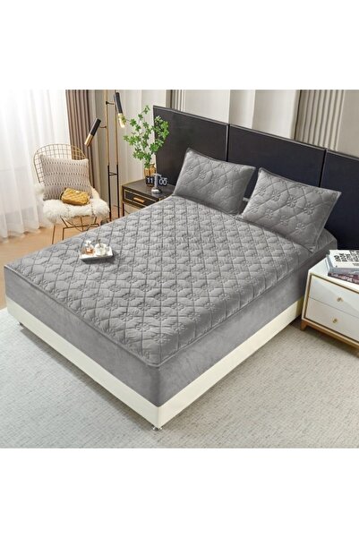 OEM Bed Cover and 2 Pillowcases, Quilted Topper, Velvet, 160x200cm, Light Grey