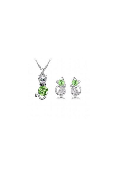 Kelan Set Silver Women – Necklace, Pendant and Earrings Cat Model with Emerald Crystals