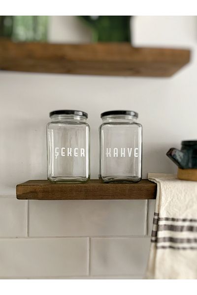 Atölye Merdiven Set of 2 Glass Food Jars with Sugar Coffee Written Kitchen Decoration 1000 Cc