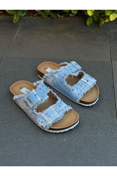 DİVA Mavi Kot Kumaş Taşlı Kadın Günlük Terlik