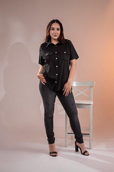 Roxxlen Large Size Epaulet Pocket Shirt Black