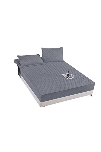 OEM Bed Cover and 2 Pillowcases, Velvet, Quilted Topper, 160x200cm, Light Grey