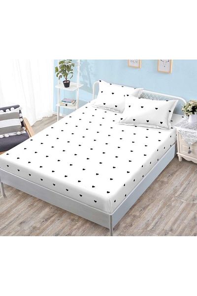 OEM Bed Sheet Set with Elastic, 3 Pieces, Satin Cotton, 180x200cm, Heart Print, Black-White