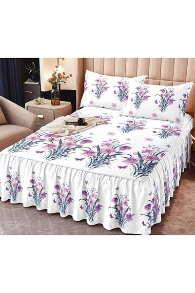 OEM Double Bed Sheet Set with Ruffles, Lilac Flowers, 3 Pieces, 2 Persons, Finet, 160x200cm, Multicolor