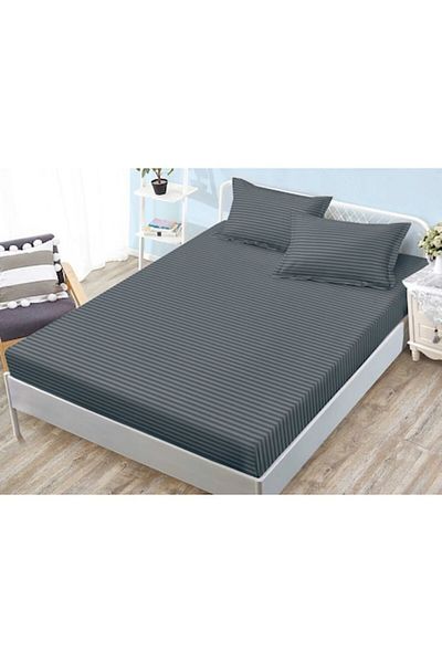 OEM Fitted Bed Sheet and 2 Pillowcases with Elastic, Sonia-Home, Damask, Single Bed, 140x200cm, Dark Gra