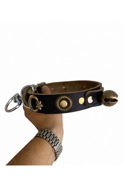 Sürmeli Tasma Hunting Dog Collar Genuine Leather with Bell Moon Star Width 3 cm