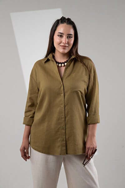 Roxxlen Πουκάμισο από λινό μεγάλου μεγέθους με μία τσέπη