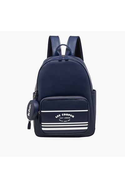 Lee Cooper Logo Print Backpack with Zip Closure and Attached Pouch - 31x13x14 cm