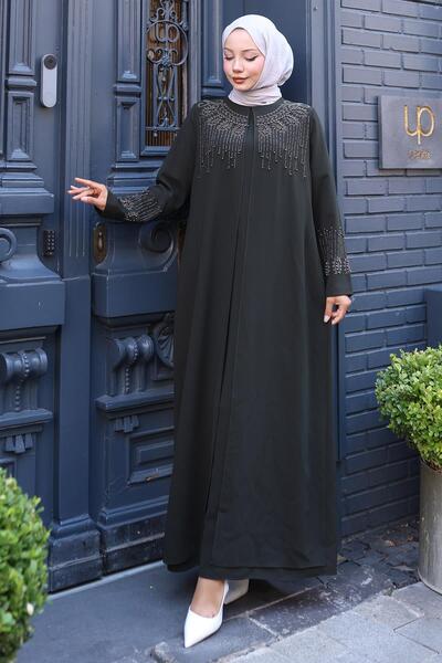 hafsamina Μεγάλο μέγεθος Mother's Dress με χάντρες και πέτρες Χακί HM2769