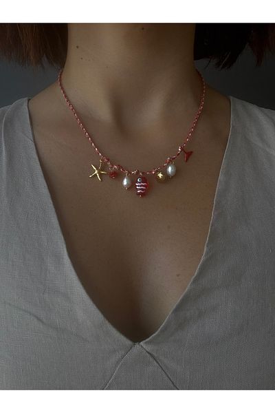 DGK COLLECTİON Red Fish Summer Necklace,Seashells,Can Fall in Love,Metal Parts Are Steel