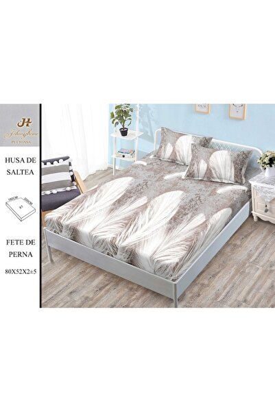 OEM Husa de Pat, cu Elastic, 3 Piese, Finet, 180x200cm, Imprimeu Pene, Gri-Alb