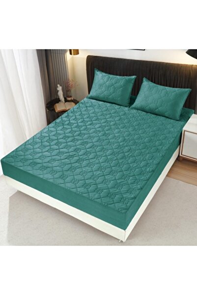 OEM Husa de pat si 2 fete de perna, Topper Matlasat, Catifea, 180X200cm, Verde Smarald