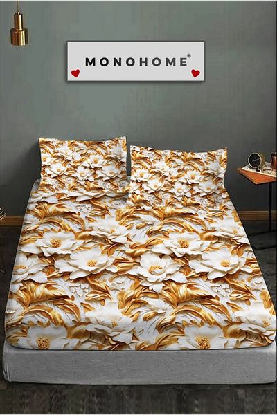 MonoHome 100% Cotton Fitted Sheet Special Design 5D Digital 60 Wire Gold