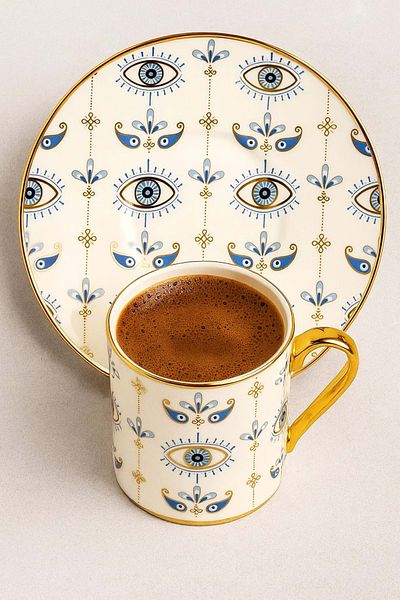Jenisa Gold Gilded Evil Eye Patterned Porcelain Cup Set for 6 People – 12 Piece Stylish Presentation Set Evil Eye