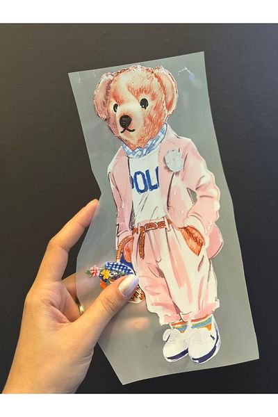 Gönülden Tasarım Iron on Pink Clothed Bear Transfer Print Arma 24X12 cm