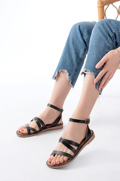 KÖMEN 205-08 Black Orthopedic Genuine Leather Women's Sandals