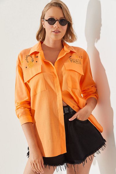 Bianco Lucci Women's Double Pocket Embroidery Embroidered Linen Basic Shirt 60251752