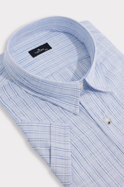 Tudors Men's Big Size Large Size 100% Cotton Lapel Buttoned Linen Texture Single Pocket Striped Short Sleeve Navy Blue