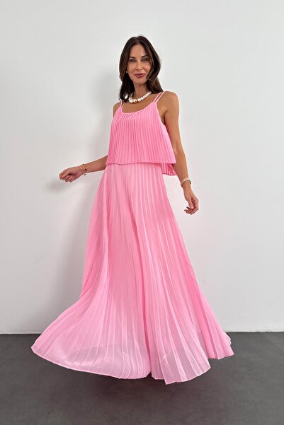 5in1Canpolat Pembe Piliseli Şifon Elbise 00778