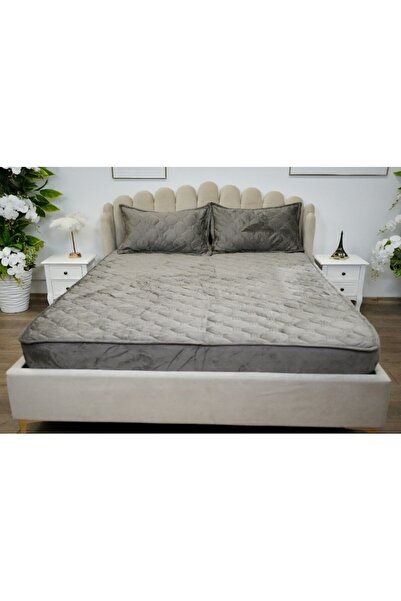 OEM Husa de pat si 2 fete de perna, Catifea, Topper Matlasat 160x200 cm, gri