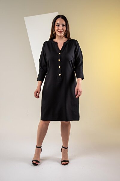 Roxxlen 3330450 Γυναικείο 3330450 Φόρεμα με λεπτομέρεια στο μανίκι σε μεγάλο μέγεθος Μαύρο