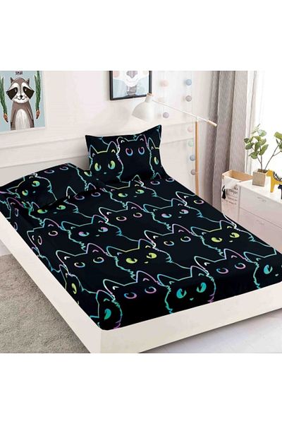 JOJO HOME Double Bed Sheet with Elastic, Jojo Home, Finet, 3 Pieces, 2 Persons, 180x200cm, Cat Print, Multicol