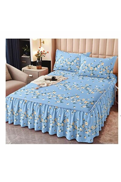 OEM Cearșaf de pat dublu cu volane, imprimeu floral, 3 piese, Finet, 160x200cm, albastru deschis-alb