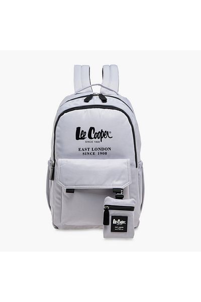 Lee Cooper Logo Print Backpack with Zip Closure and Attached Pouch - 45x14x30 cm