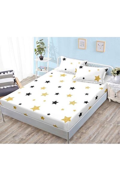 OEM Bed Sheet with Elastic, 3 Pieces, Cotton Satin, 180x200cm, Star Print, White-Multicolor