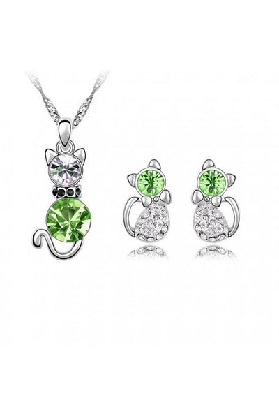 Kelan Set Silver Women – Necklace, Pendant and Earrings Cat Model with Emerald Crystals