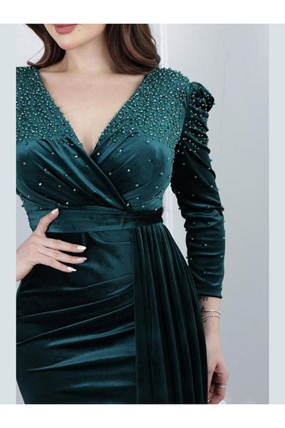 Nice Model Premium Velvet Evening Dress Women Elegant Party Wear Long Sleeve Bodycon Cocktail Formal Gown