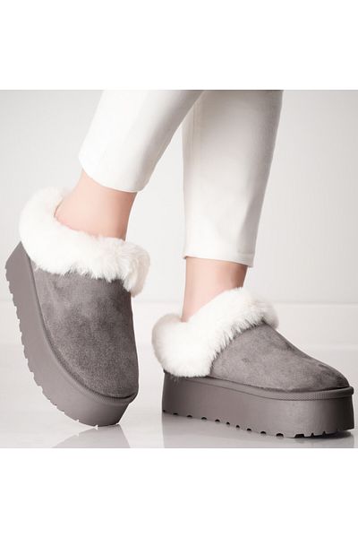 MODA STİL Women's Gray Fur-lined Loafers Made of Eco-Suede Leather Hamima, 39