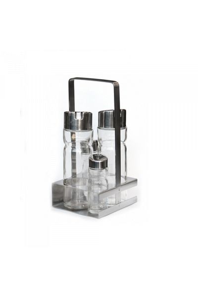 Raki 5-piece Oliviera set, with PREMIUM square stainless steel stand, 2 160ml oil/vinegar bottles, salt and pepper shakers