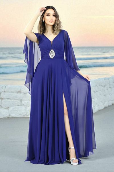 FaBe Fashion Capes Sleeves Draped Heart Neckline with Stone Accessories White Chiffon Wedding Engagement and Outside Shooting Dress
