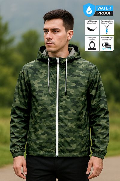 BESSA Men's Grass Camouflage Raincoat Seasonal Water Repellent Fabric Hooded Zippered Pocket Mesh Inner Design